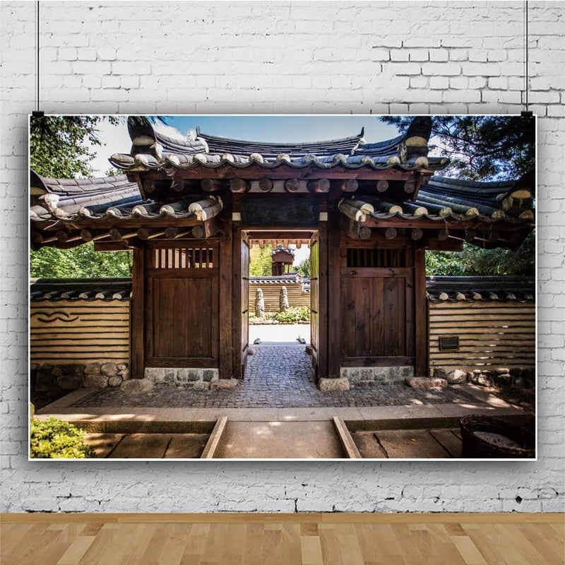 AOFOTO 10x7ft مدخل باب حديقة كوري خشبي خلفية قرية كونفوشيوسية آسيوية منزل تقليدي بسقف من القرميد مباني حديقة قديمة خلفية حجرية للتصوير فوتو ستوديو دعائم فينيل - Image 5